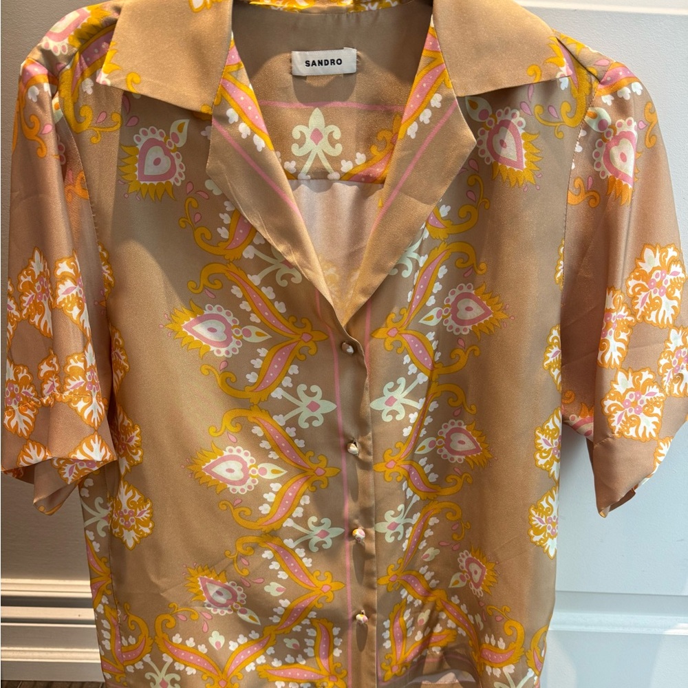Sandro Yellow and White Short Sleeve Button Down Shirt